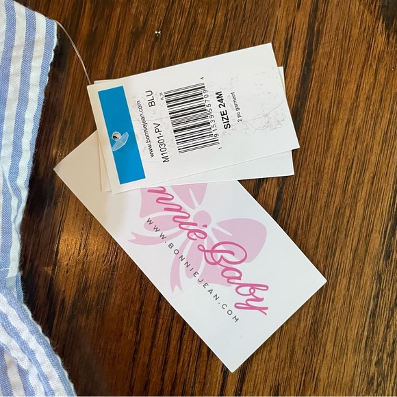 NWT BONNIE BABY 2Pc. DRESS-BLOOMERS SEERSUCKER BLUE/WHT STRIPE - Picture 5 of 8